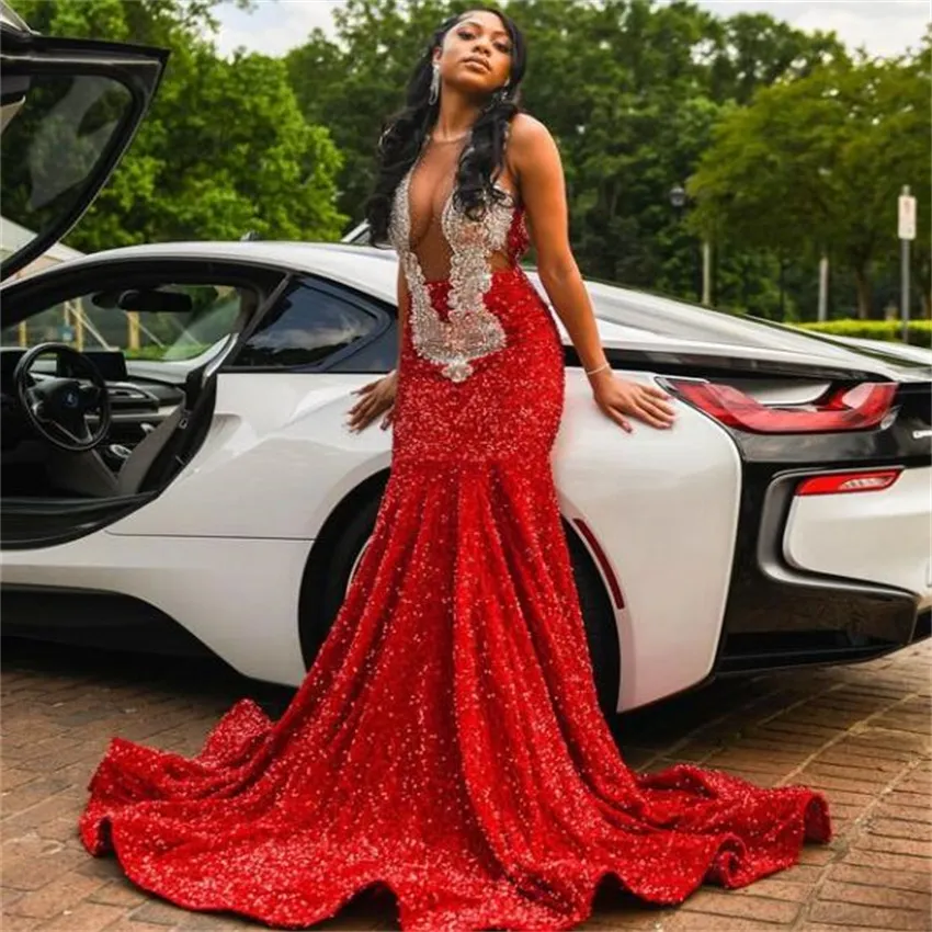 Sparkling Red Sequin Mermaid Prom Dress with Beaded Collar Backless Split 2024 Formal Party Dress