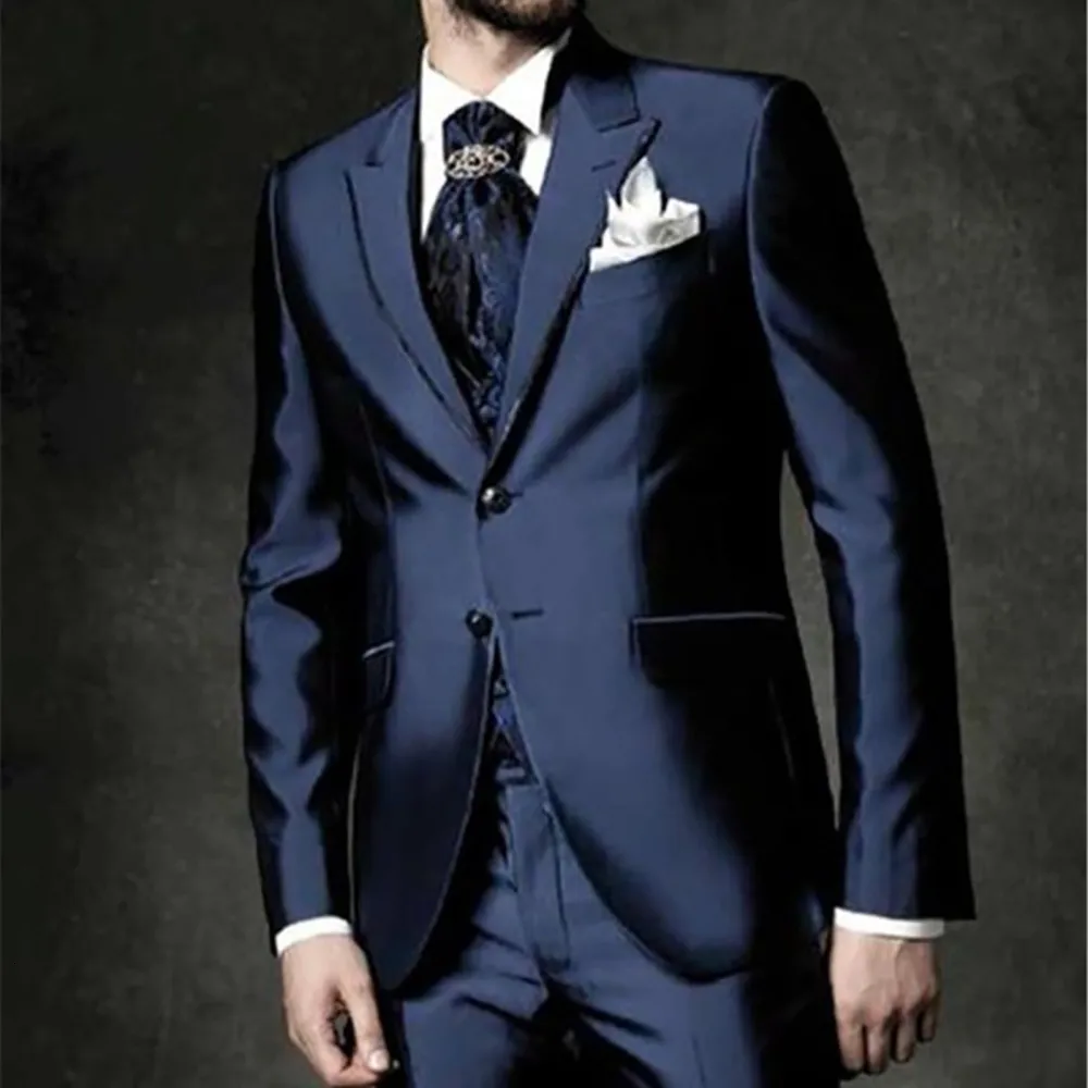 Mäns kostymer Blazers 2023 Fashion Casued Made Groom Tuxedo Navy Blue Lapel Wedding Prom Man Bridegroom Jacket Pants Vest 230609