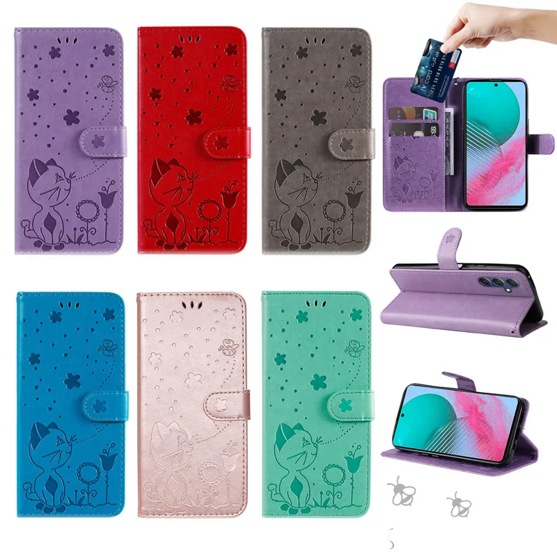 34designs Samsung M54 5G Oppo Reamle C55 GT Neo5 10 Pro 9i C33 Reno 8T Flower Sunflower Butterfly Card Flip Cover Holder Pouch에 대한 각인 고양이 나무 가죽 지갑 케이스.