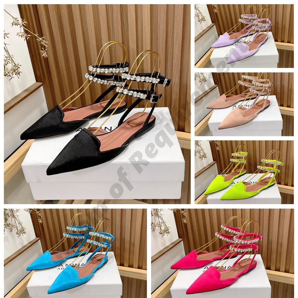 Women slippers slide sandal silk satin crystals Diamond saddles Sling Back shape sole flat Amina Muaddi womens Designer Shoes Leather sole Summer Slipper