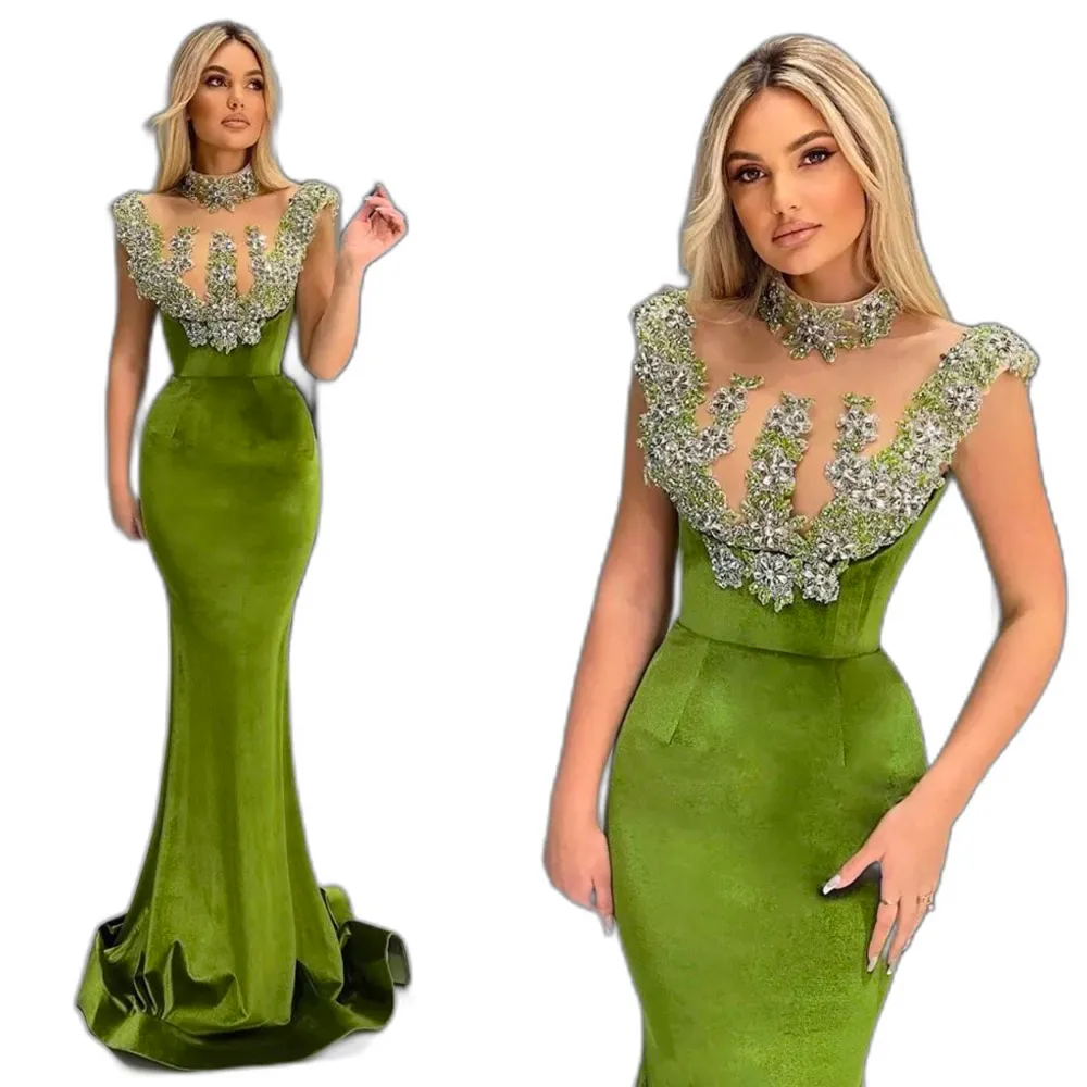 Sexy V Neck green Satin Chiffon Appliques Evening Dress,Mermaid Slit Party Prom Dress cc2816 main image 1