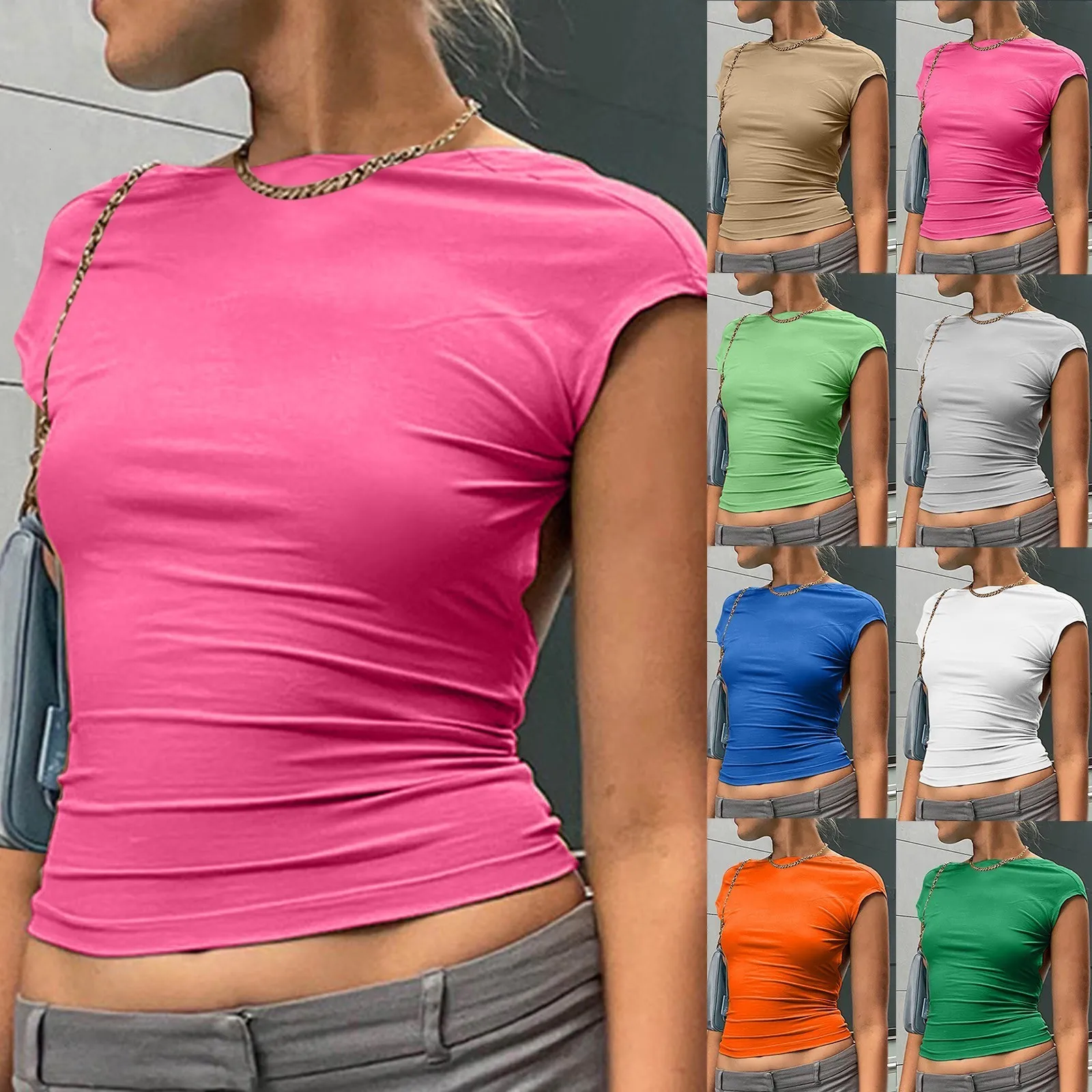 女性用TシャツY2Kセクシーバックレスクロップトップトップ女性カジュアルサマーショートスリーブOネックTシャツストリートウェアフィットスリムプルオーバーベースTEES Tシャツ230609
