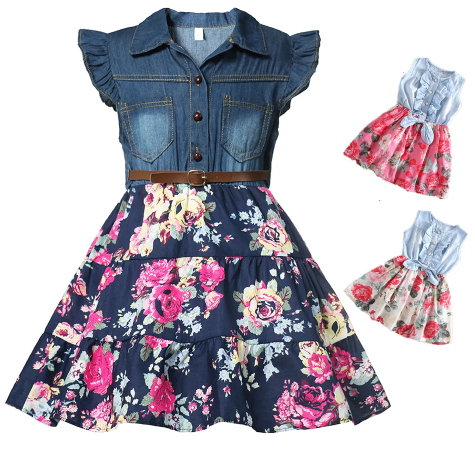 Girls Dresses Denim Floral Dress Summer Party with Belt Children Flying Short Sleeve Casual Clothing Baby Girl Kids Fashion Outfit 230608