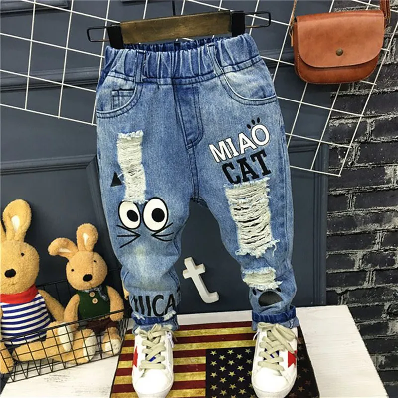 Jeans Girls Spring Autumn Children Trousers 1 7Yrs Baby Boys Casual Hole Pants Cartoon Cat Kids 230609