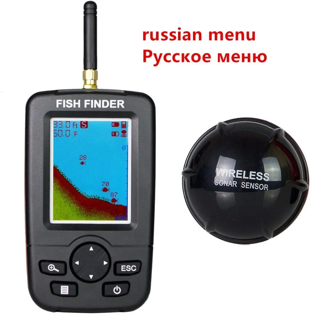 Balık bulucu Rusya Menüsü FFW718 Yükseltilmiş kablosuz taşınabilir balık bulucu 40m120ft Sonar Derinlik Sinek Alarm Okyanus Nehri Gölü 230608