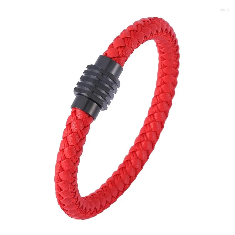 Charm Bracelets Fashion Men Women Jewelry Red Braided Leather Rope Bracelet Black Magnet Buckle Bangle Simple Casual Wristband Lucky Gift