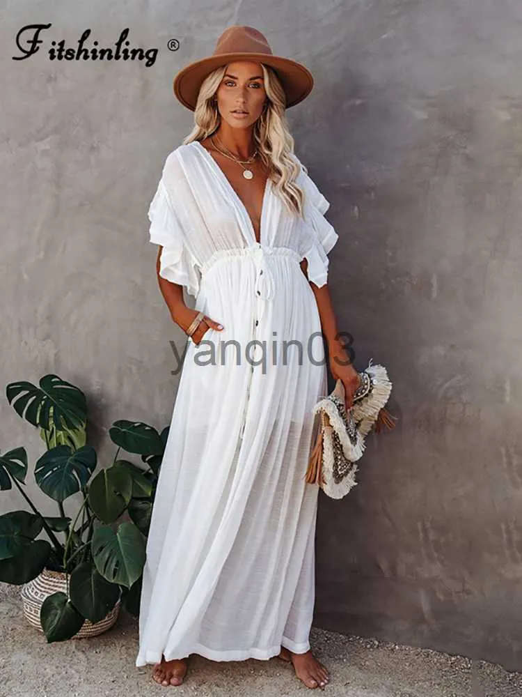 Lässige Kleider Fitshinling Böhmisches tiefes V-Ausschnitt-weißes langes Kleid rückenfreie Rüschen Button Up Pareos Strand vertuschen Urlaub sexy schlanke Maxi-Robe J230609