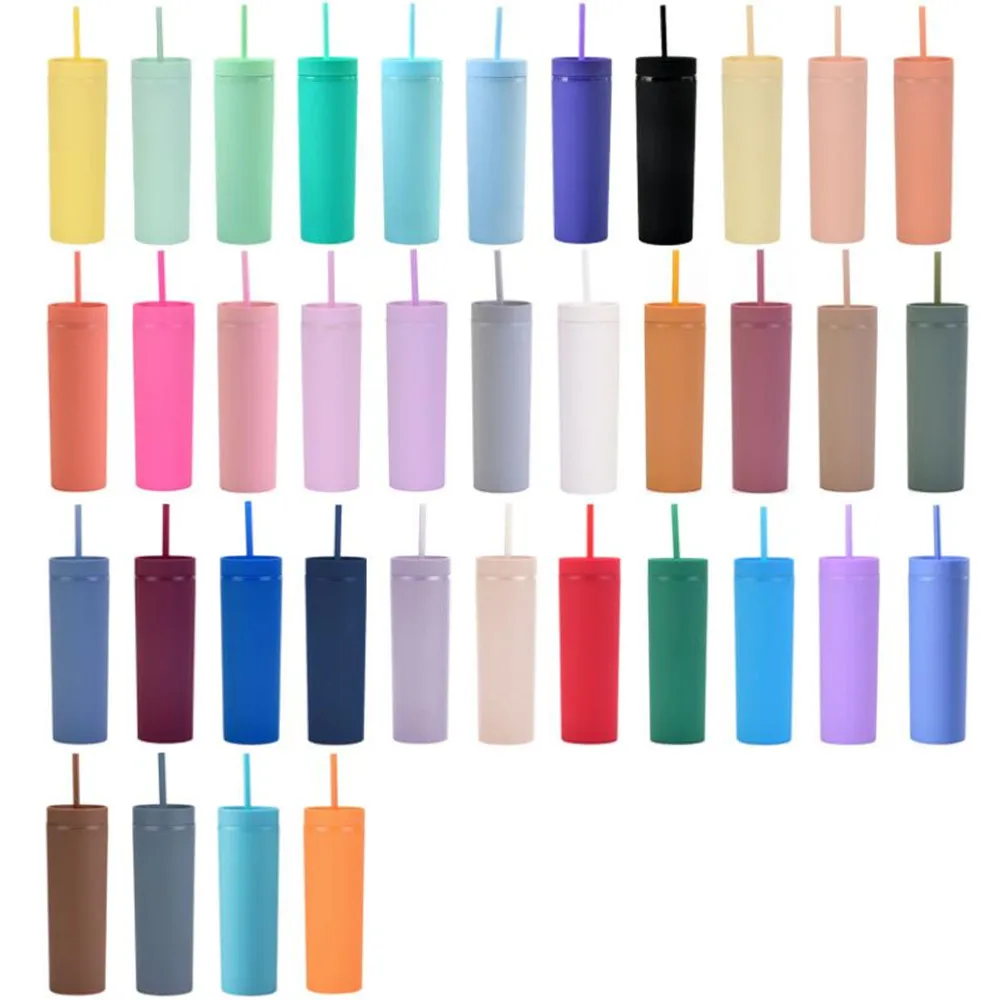 37 Couleurs Stock Tasses Réutilisables 16 oz Acrylique Maigre Gobelets Mat Couleur Tasse Double Mur Isolé Bouteille D'eau Café Boire Sippy Tasses Avec Couvercles Pailles Gratuites