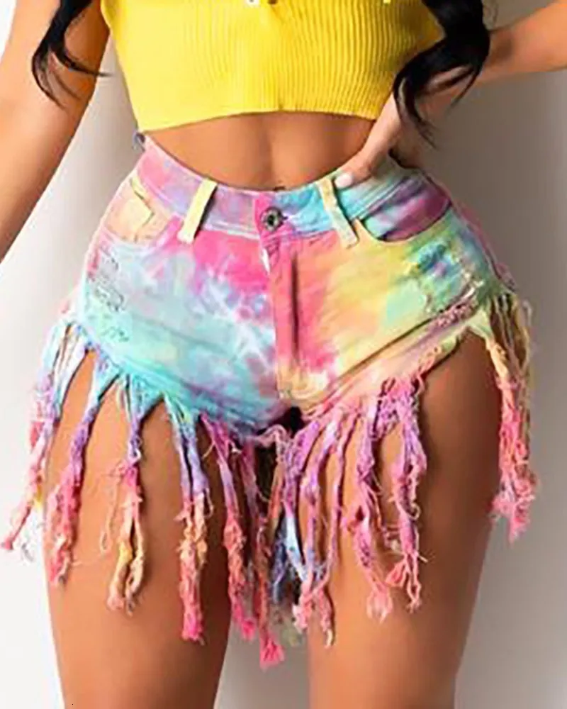 Women's Shorts Rainbow Tie Dye Denim Shorts Summer Women High Waist Tassel Club Party Denim Shorts Outfit Streetwear Jeans Trousers 230608