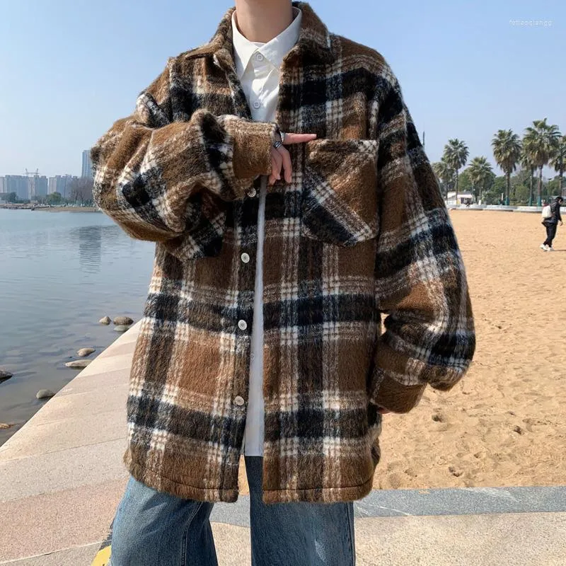 Camisas casuais masculinas Camisa de lã primavera masculina Moda masculina retrô grossa xadrez masculina streetwear coreana solta oversized manga comprida M-2XL