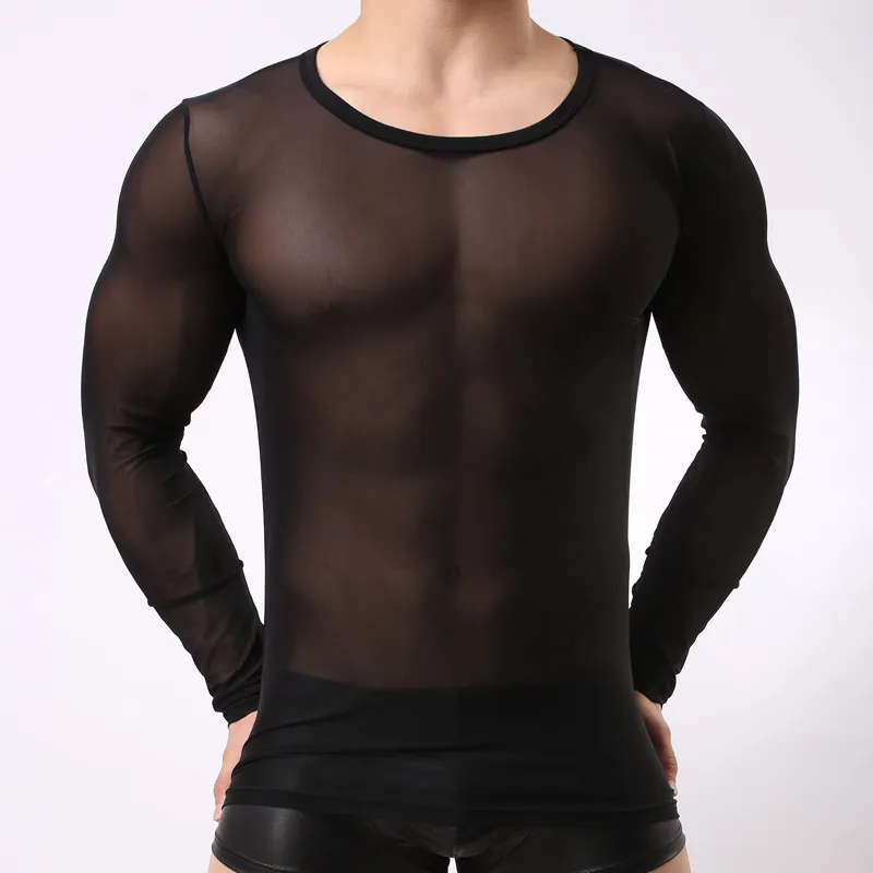 Heren T-shirts Sexy heren Transparant gaas Lange mouw Tops Gay Nachtclubkleding Gaas Panty's T-shirts Zwart Wit Doorschijnend hemd 230608