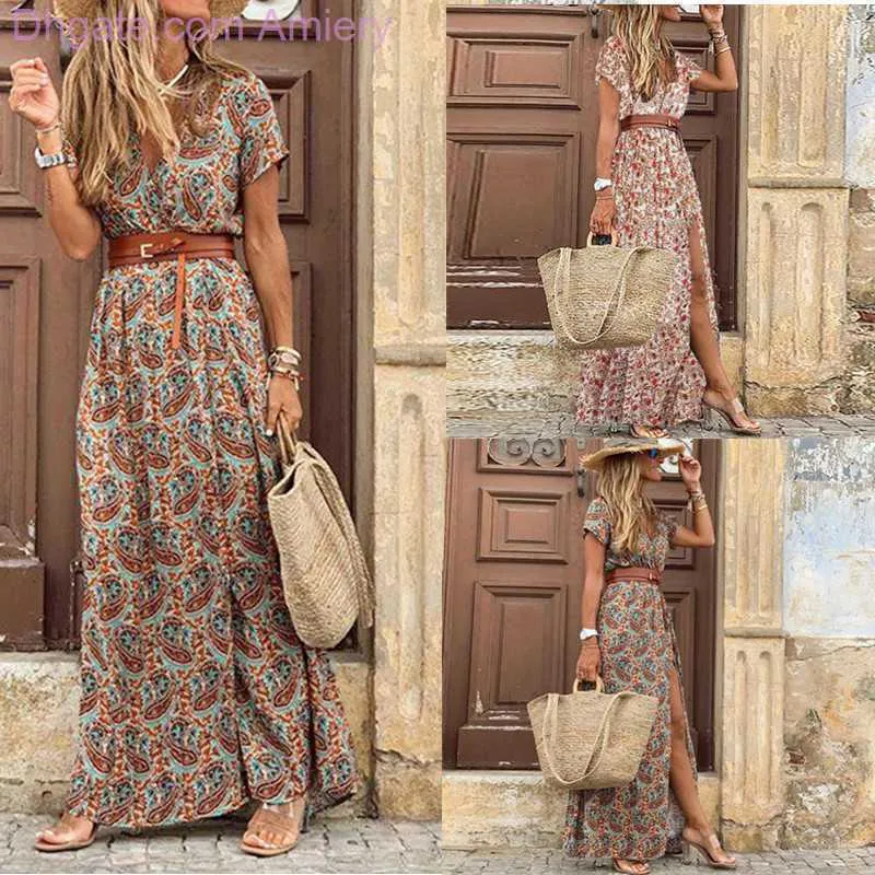 Women's Designer Summer Dress Fashion Bohemian V-neck Floral Elegant Beach Maxi Dresses for Woman Robes Vestidos Ladies Vacation Holidy Skirt