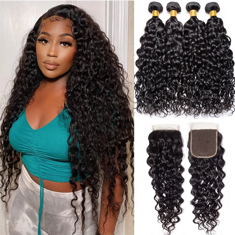 Hair Bulks Water Wave Bundles With Closure Brazilian Human Ocean Curly Lace Frontal Baby On Sale 230609