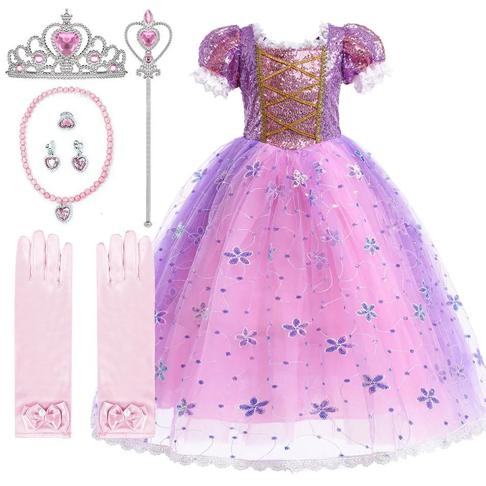 Dziewczęce sukienki Dziewczyny Halloween Costume Little Rapunzel cekiny Purple sukienka Kids Princess Cosplay 3 4 5 6 7 8 9 10 lat 230608