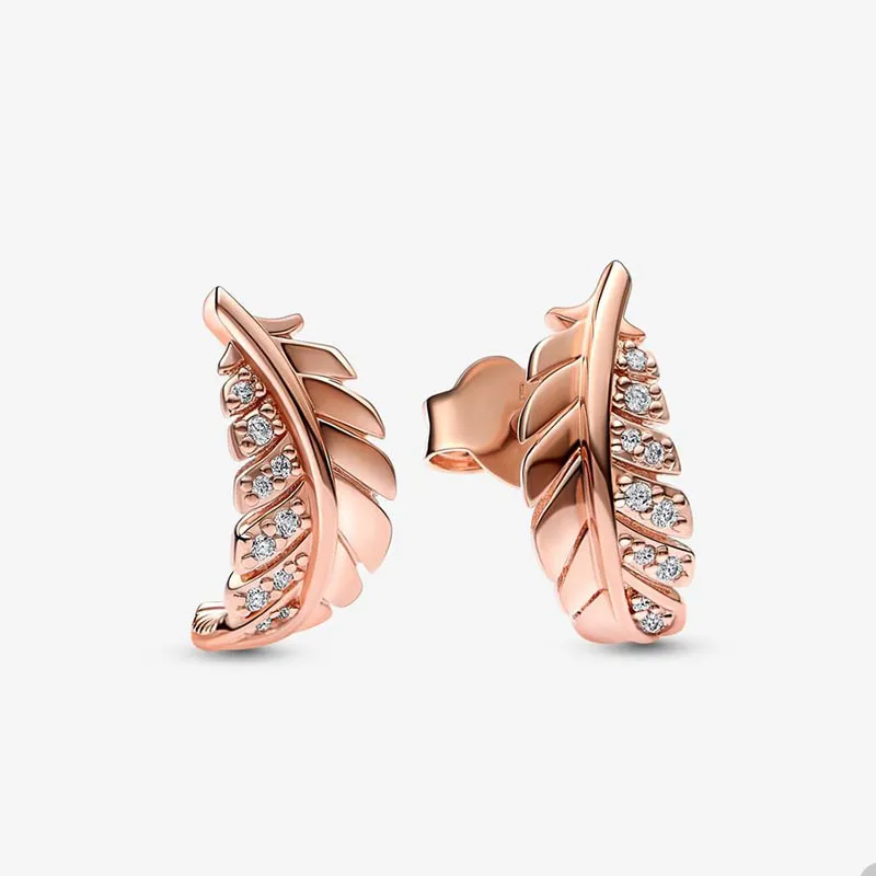 Floating Curved Feather Stud Earrings for Pandora Luxury 18K Rose Gold Earring Set designer Jewelry For Women Girls Crystal Diamond earring with Original Box