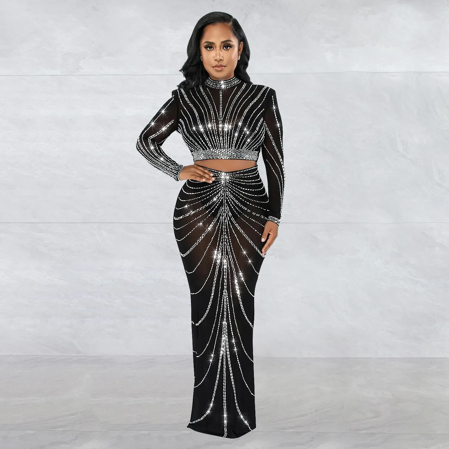 Zweiteiliges Kleid, langärmelig, Netz-Maxi, figurbetont, elegante Party, glitzernde Strasssteine für Geburtstagskleid, sexy Club, zweiteilige Sets für Damen, Outfits 230608