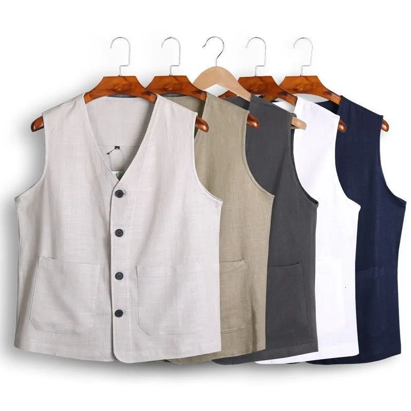 Men's Suits Blazers Vest Dress Linen Cotton Waistcoat Jacket Male Formal Gilet For Mens Jeans Summer Casual Business Victorian Clothing 230609