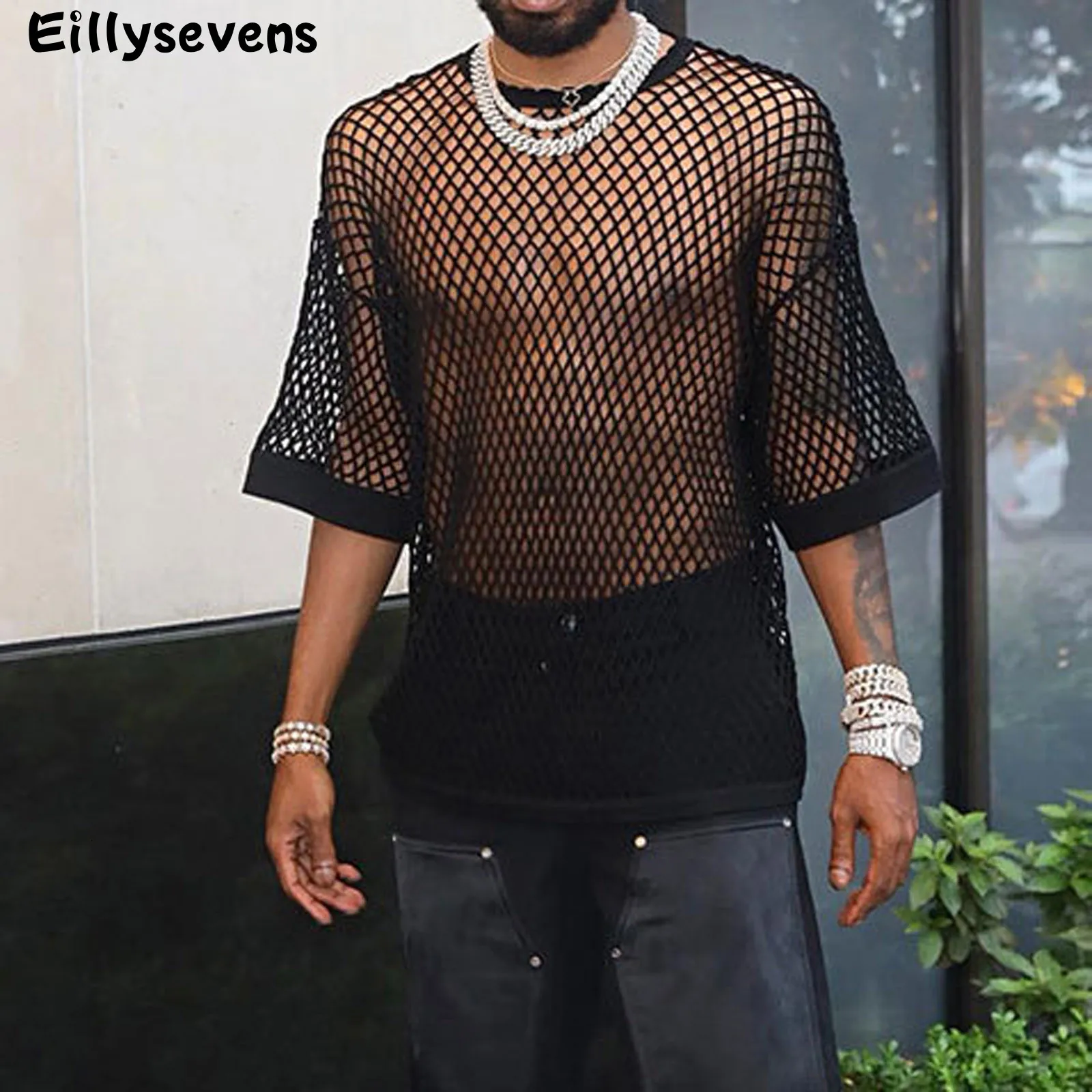 Men's T-Shirts Men's Fishnet Shirt Transparent Mesh Tops Half Sleeve O-Neck T-Shirt Solid Color See-Through Undershirt Camisa Masculina 230608