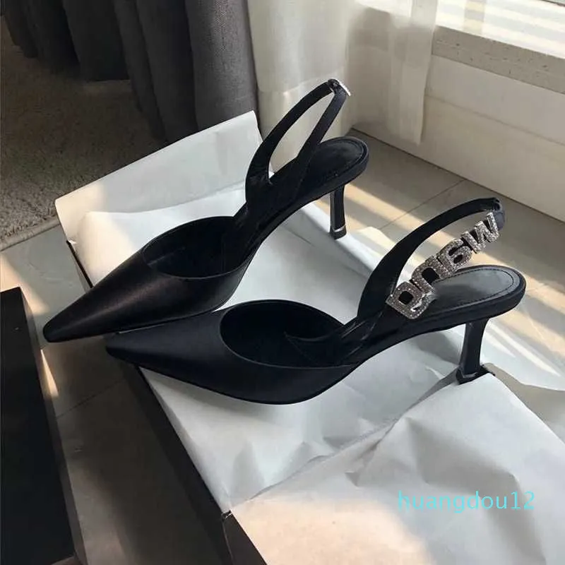 Baotou Back Empty Tripper Sandals Fairy Style 2023 Summer New Water Diamond Pointed High Slim Heels Girl