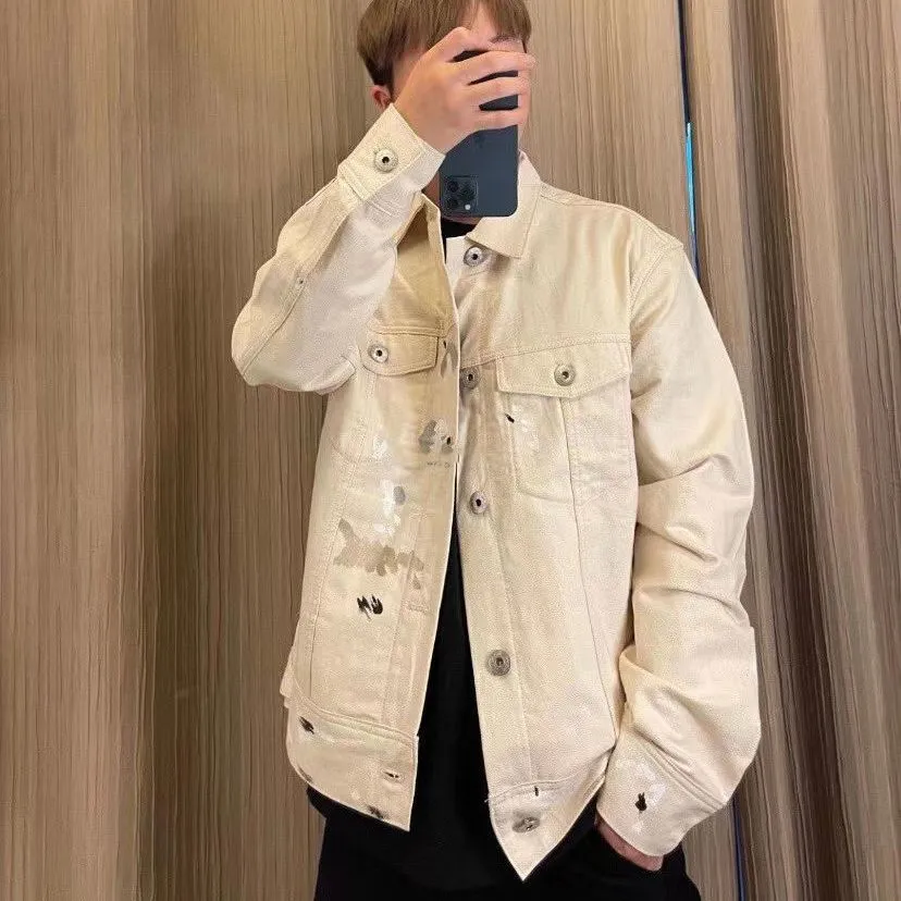 Lanvin X Galleries Mens Jackets Women And Men Fashion Designer Winter  Jacket Warm Luxurious Cotton Hand Painted Beige Denim Unisex Coat 612