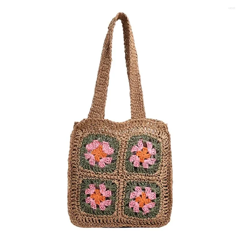 Kvällspåsar Kvinnor Sticke Tote Ethnic Straw Shoulder Bag Handgjorda vävda virkade påse Flower Bohemian Shopper Beach Clutch