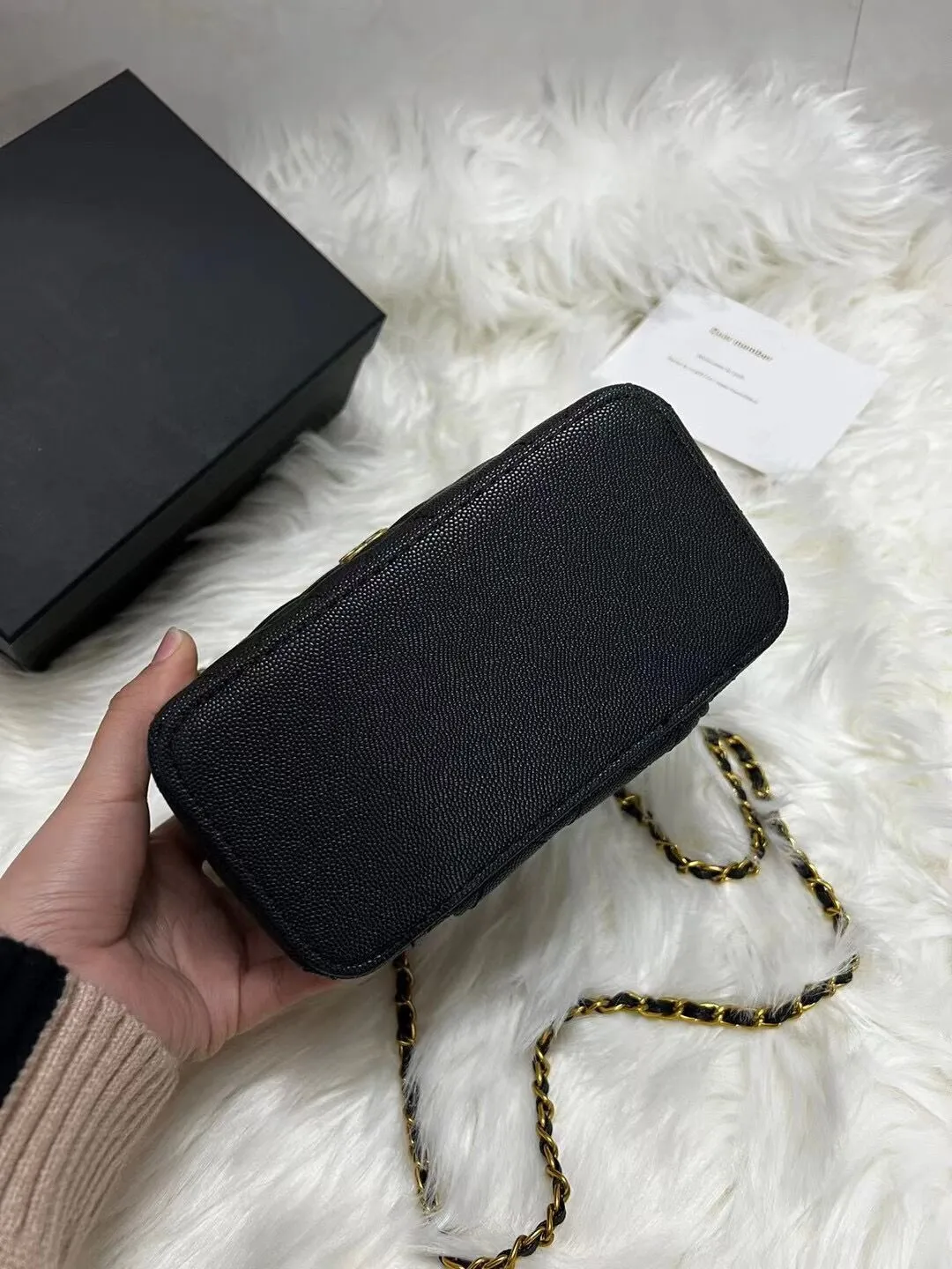 2023 New style Golden Globe Long Box Caviar Makeup Bag Metal Handle Oblique Straddle Portable Fashion Shoulder Bag Chain Bag match gift box and paper card