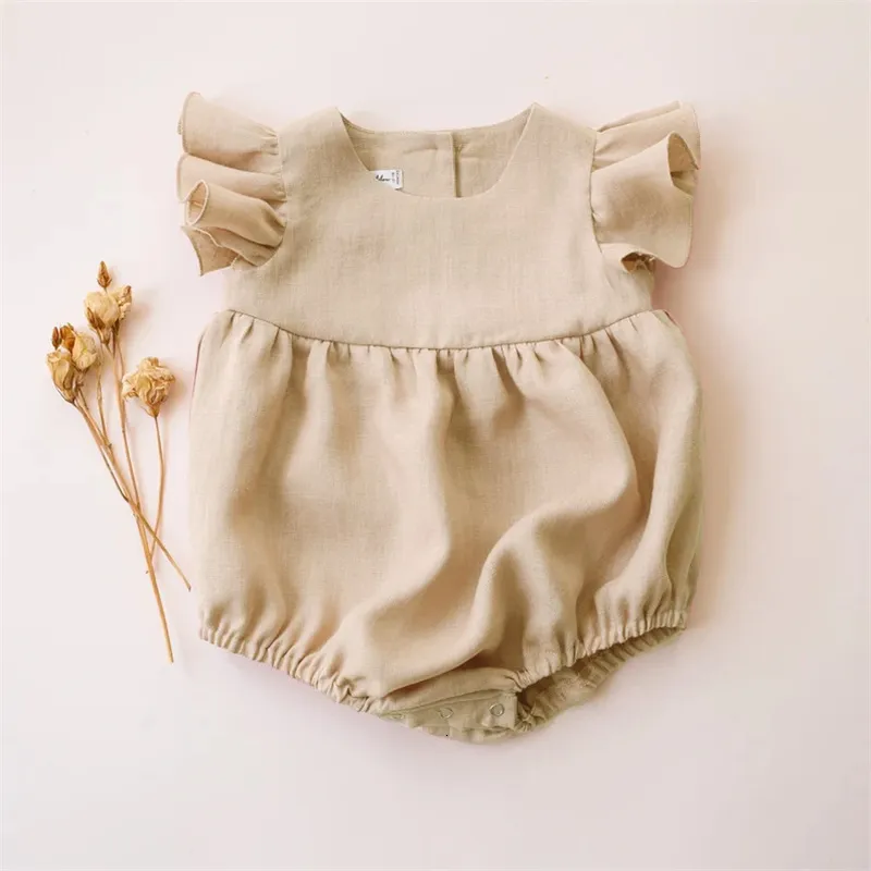 Barboteuses bébé fille vêtements été barboteuse manches courtes lin coton né vêtements combinaisons mode 230608