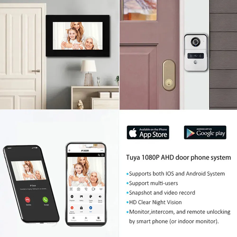 Wireless Video Intercom System, WiFi 7 Inch Monitor and 32G MicroSD Card  with AHD 2MP Metal Door Camera (Wired Power), Record, 2-Way Audio