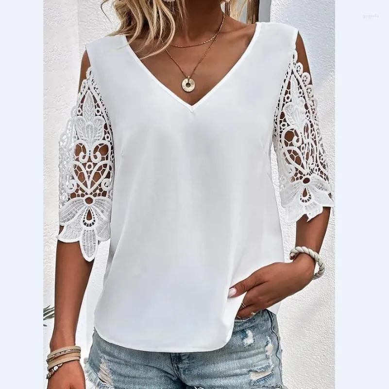 Kvinnors blusar kvinnor spetsar lapptäcke blus sommar bohemiska eleganta casual arbete blusa femme 3/4 hylsa snörning lace-up semester t-shirt toppar