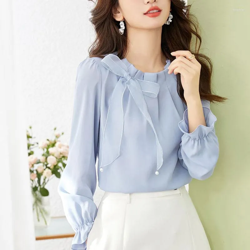 Women's Blouses Casual Solid Color Butterfly Bow Chiffon Shirt Long Sleeve Round Collar All-match Pleated Pullover Top Blouse