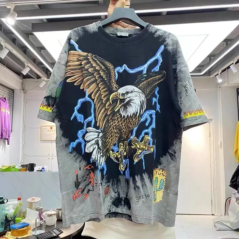 Męskie koszulki Lightning Eagle Graffiti krawat z krótkim rękawem T-shirt Mężczyźni luźne 230608