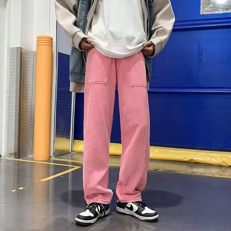Men s Jeans 2023 Korean Fashion Vintage Pink Men Baggy Pants Y2K Clothes Solid Students Daily Casual Women Denim Trousers Ropa Hombre