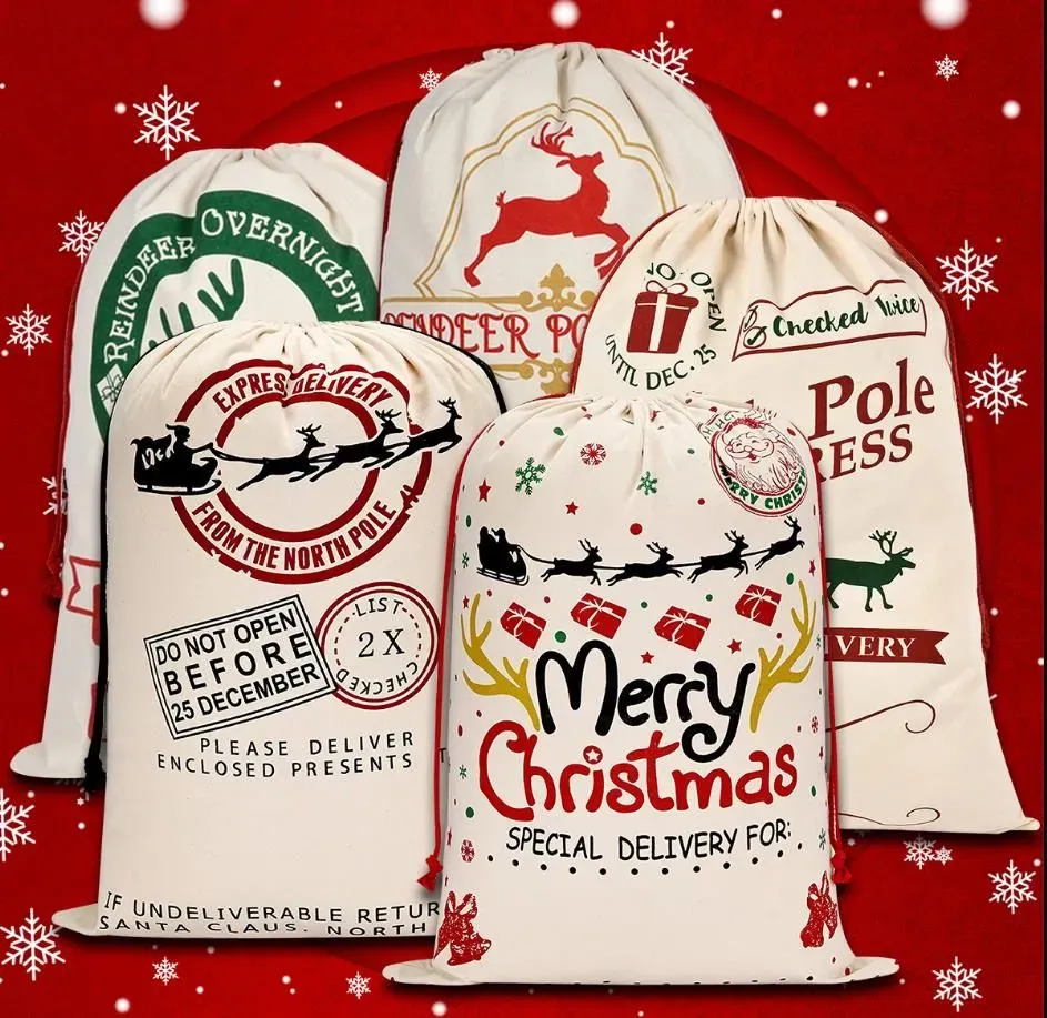 Santa säckar juldekorationer duk presentpåsar med dragkammare Xmas godisförvaring stor väska dragkonst för barn närvarande JN09