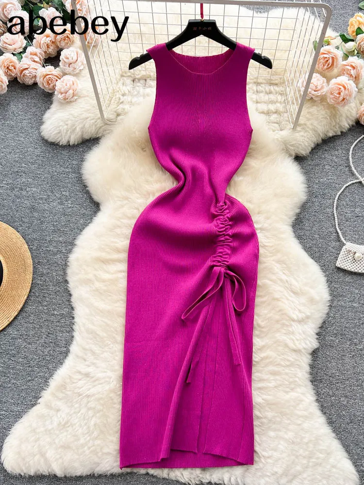 Grundläggande casual klänningar dragsko sommarstickad sexig rem klänning kvinnor tank elatisk midja bodycon sundress kvinnlig strand delad backless lång klänning 230608