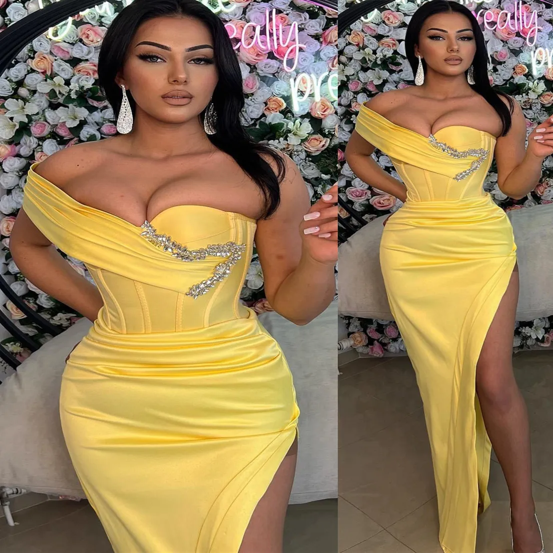 2023 Sheath Yellow Graduation Dress Crystals High Split Satin Sexy Homecoming Party Formal Cocktail Prom Gowns Dresses ZJ424