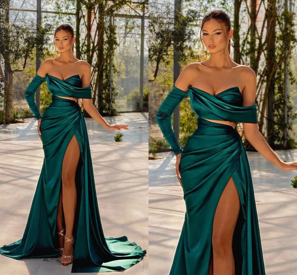 Dubai Árabe Sexy Vestidos de Baile Sereia Plus Size para Mulheres Negras Pregas Um Ombro Lado Alto Dividido Sem Costas Roupa Formal Vestidos de Festa de Aniversário Concurso de Festa Recepção