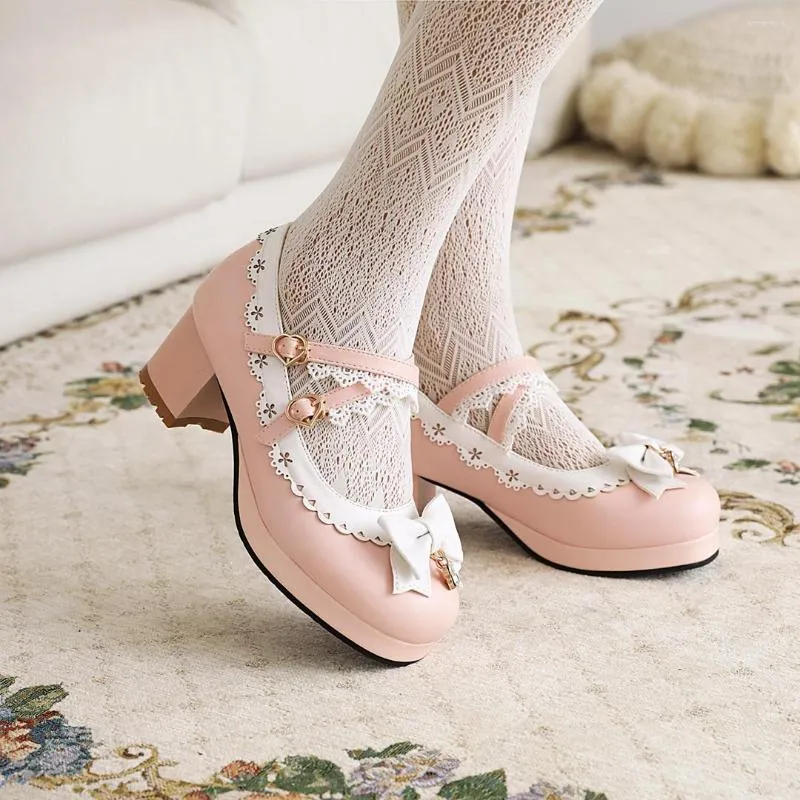 Chaussures habillées filles douces Lolita volants nœud papillon dentelle mariée mariage femmes talon haut bordé princesse 2023 rose grande taille 33-43