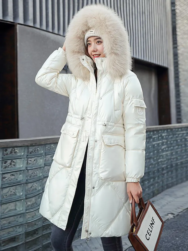 Trench femme KBAT hiver brillant Parka femme Sonw manteau grand col en fourrure veste capuche longue femme coupe vent imperm able la pluie chaud