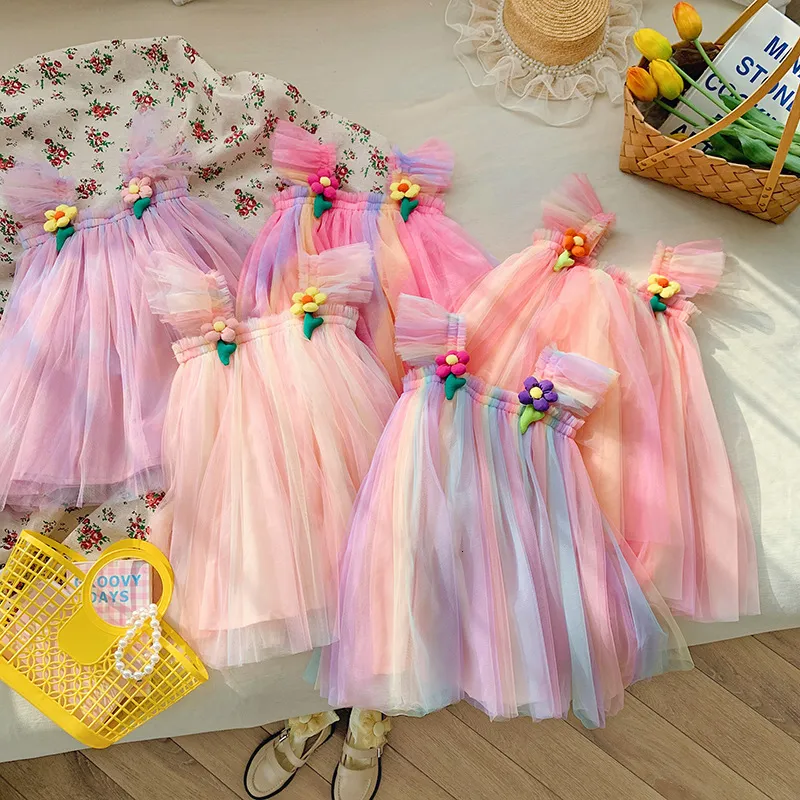 Girls Dresses 16y Tulle Super Fairy Princess Fly Sleeve Rainbow Flower Cake Dress Children Mesh Puffy Birthday Party Vestidos 230608