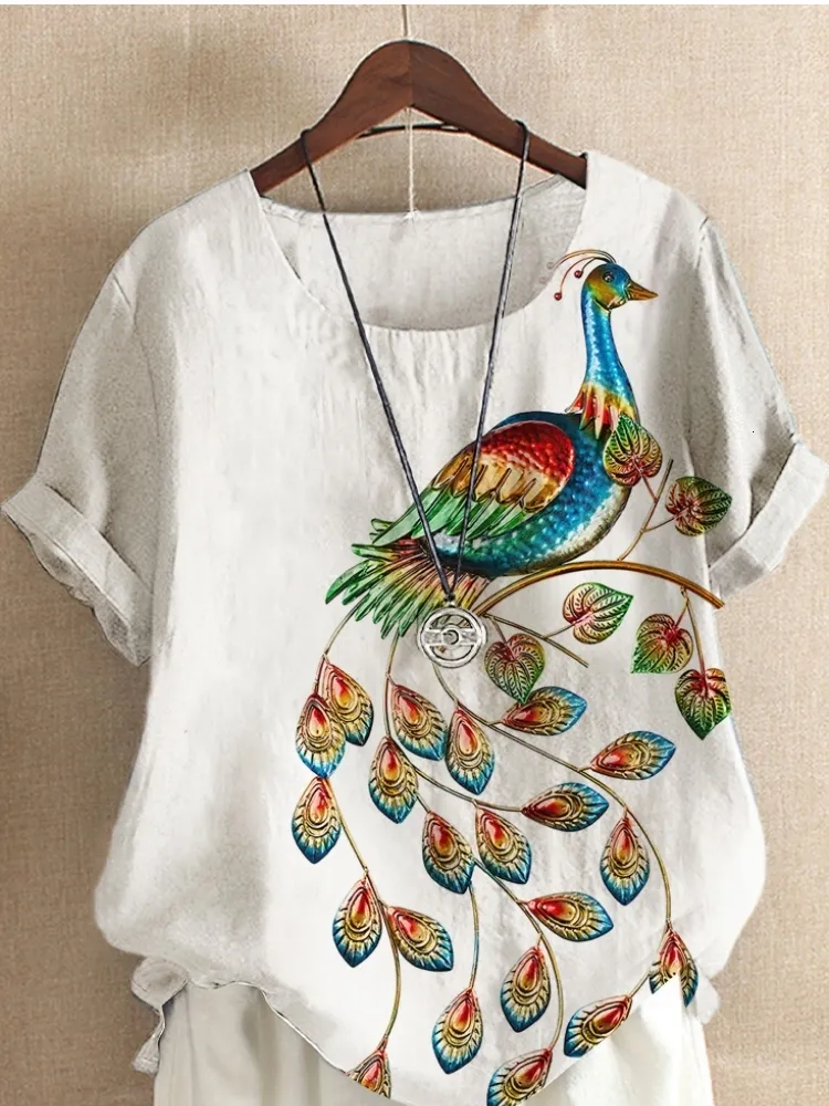 Women's T-Shirt Women's t-shirt Fashion Summer Peacock Prints Round Neck Short Sleeve T-Shirt Casual Loose Solid Color Blouse Tops Plus Size 230609