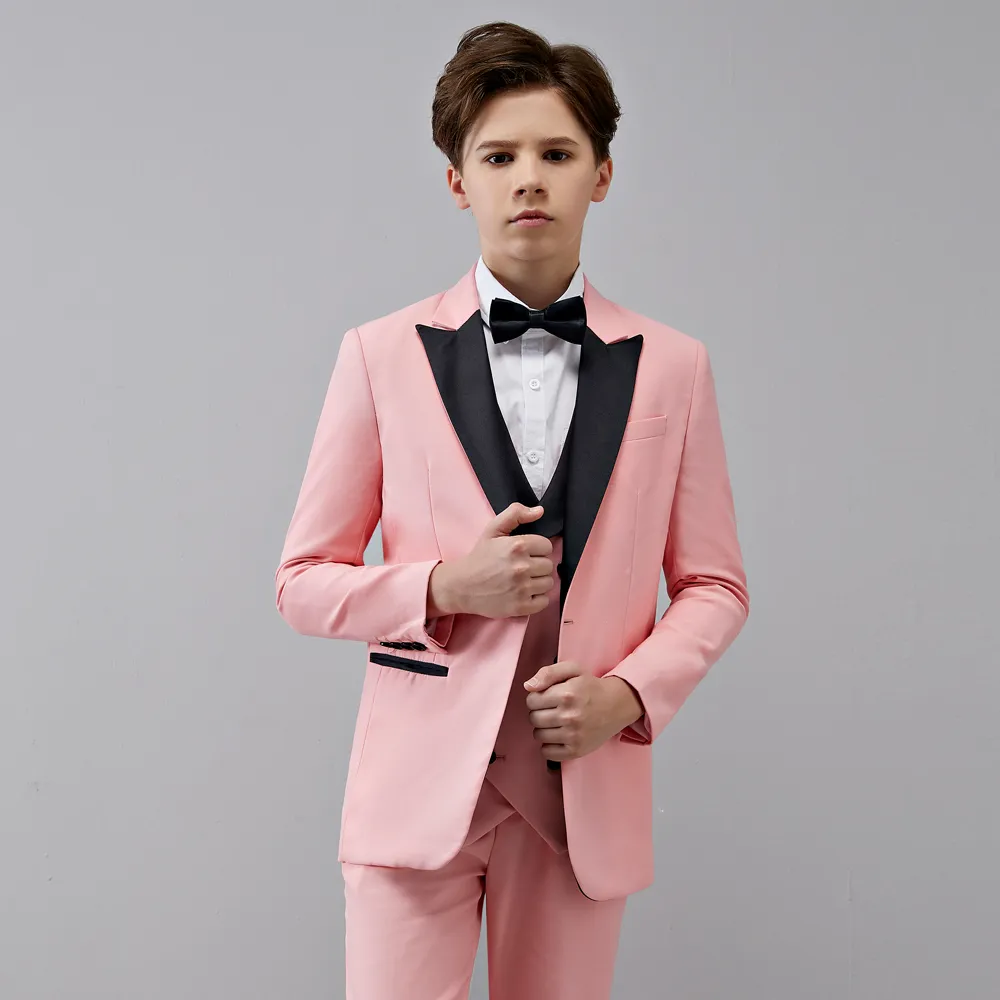 Suits Children Boys Pink 3 Pieces Black Pointed Collar Suit 2023 Wedding Flower Boy Prom JacketPantsVest Set 230608