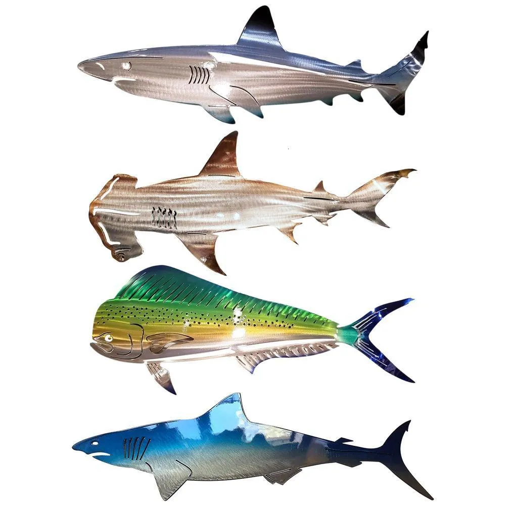 Objets décoratifs Figurines En Acier Inoxydable Requin Mur Art Décoration Suspendu Pendentif Océan Poisson Statue Intérieur Extérieur Clôture Ornements 230608