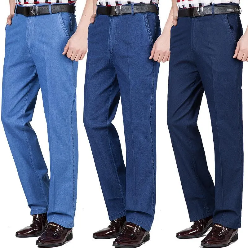 Jeans pour hommes été mince d'âge moyen Long Denim pantalon mâle solide affaires décontracté droite taille haute ample pour hommes pleine longueur