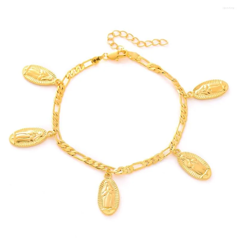 Link Bracelets Virgin Mary 24K 21cm Gold Plated Charm Cross Anklet Ethiopia Africa India USA For Man Women Jewelry Wedding Party Gift