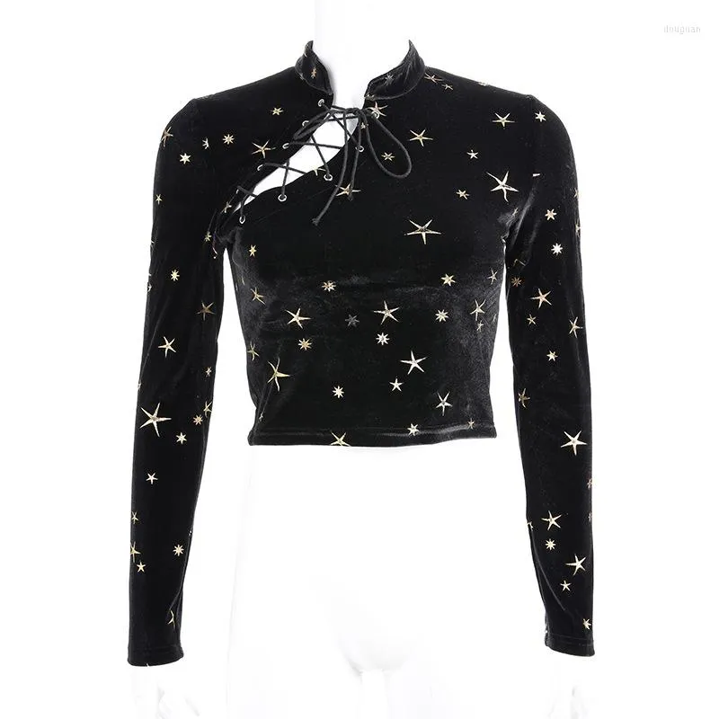 Women's T Shirts 2023 Velvet Chinese Style Stars Printing Bandage Long Sleeve Lace-Up Women'S Fashion Hollow Out Short Tops Tee Female