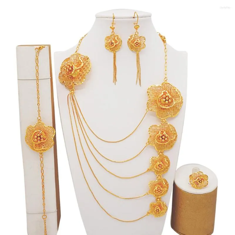 Collier boucles d'oreilles ensemble Dubai bijoux 24K plaqué or mariée africaine bague de mariage Bracelet accessoires de fête YY10088