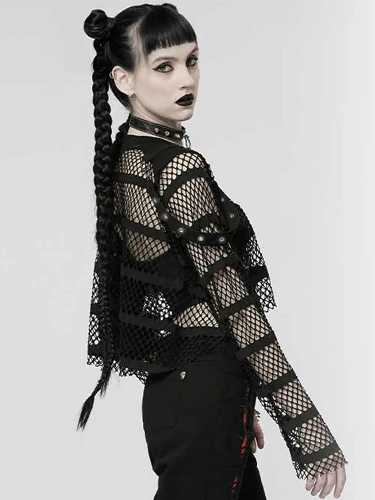 Gothic Crop Top Damen - Punk Mesh Top Mit Cut-Out Details