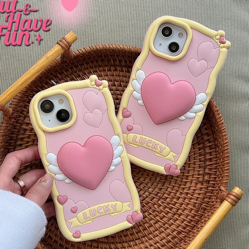 DHL gratuit gros 3d dessin animé Corée du Sud Pop mignon 3D amour coeur aile rose téléphone étui pour iphone 14 13 12 i11 Pro Max couverture en silicone souple