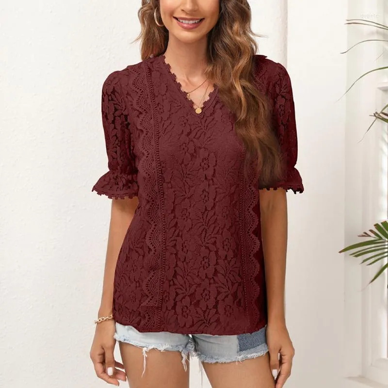 Bluzki damskie 2023 V SECK Summer Lace Blouse Kobiety zabytkowe puste koszule Krótki rękaw z rękawem Top Ruffle Sexy Boho Blusas 24624