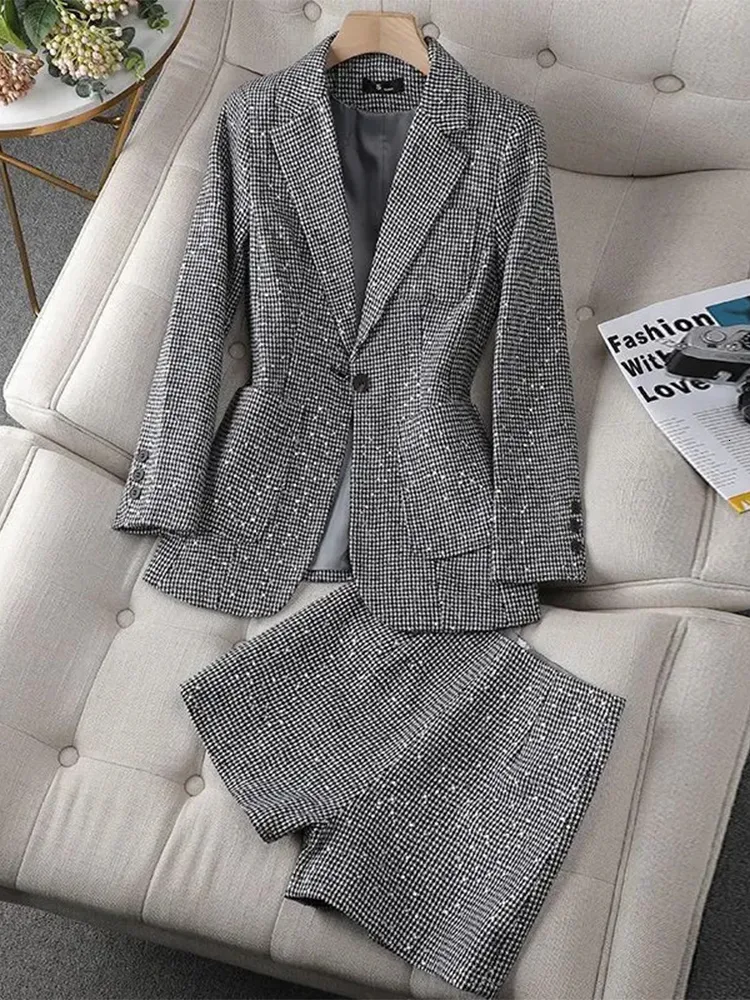 Kadınlar İki Parçalı Pantolon Kadın Kafes Vintage Blazers Şort Twopiece Suit Bahar Sonbahar Yüksek Bel Yüksek Bel Mini Günlük Set 230608